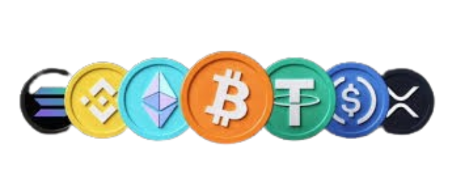 Row of cryptocurrency logos, including Solana, Binance Coin, Ethereum, Bitcoin, Tether, USD Coin, and XRP.